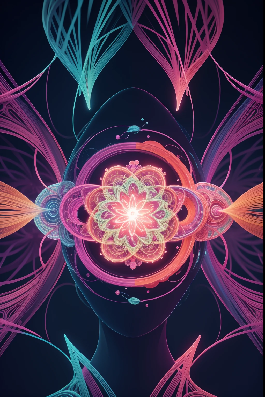fractal structures background, meditating, mental enlightment, motion lines, molecular formula on human tongue, tongue out, extremely colorful