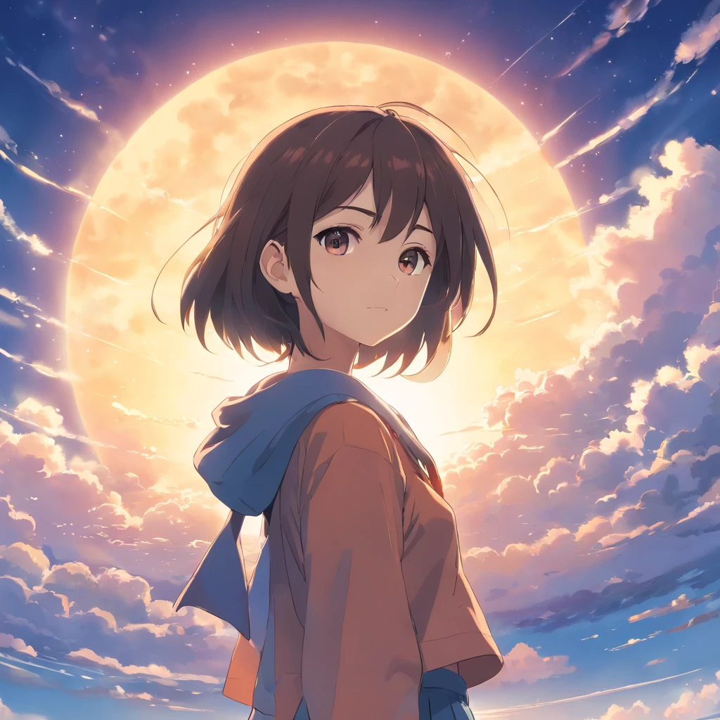 obra maestra, Still film, 1人の女の子, Chica de las nubes, flotando en el cielo, primer plano, brillante, feliz, soft warm lighting, puesta de sol (Chispas: 0,7)