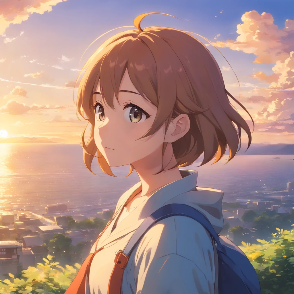 obra maestra, Still film, 1人の女の子, Chica de las nubes, flotando en el cielo, primer plano, brillante, feliz, soft warm lighting, puesta de sol (Chispas: 0,7)
