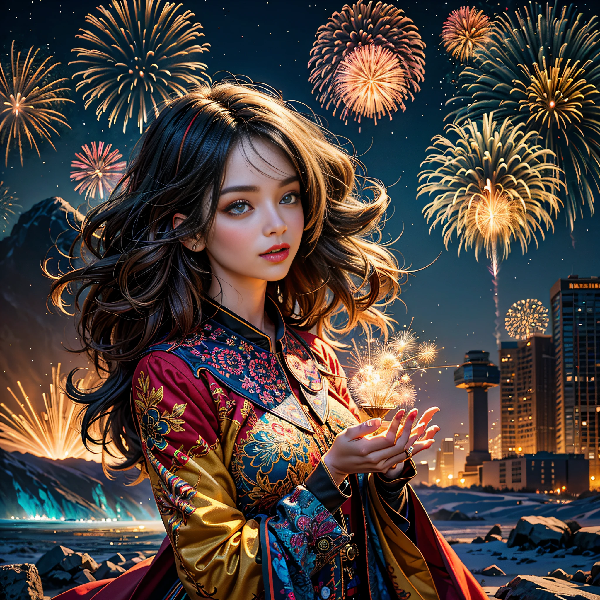 A woman in a colorful dress standing in front of fireworks - SeaArt AI