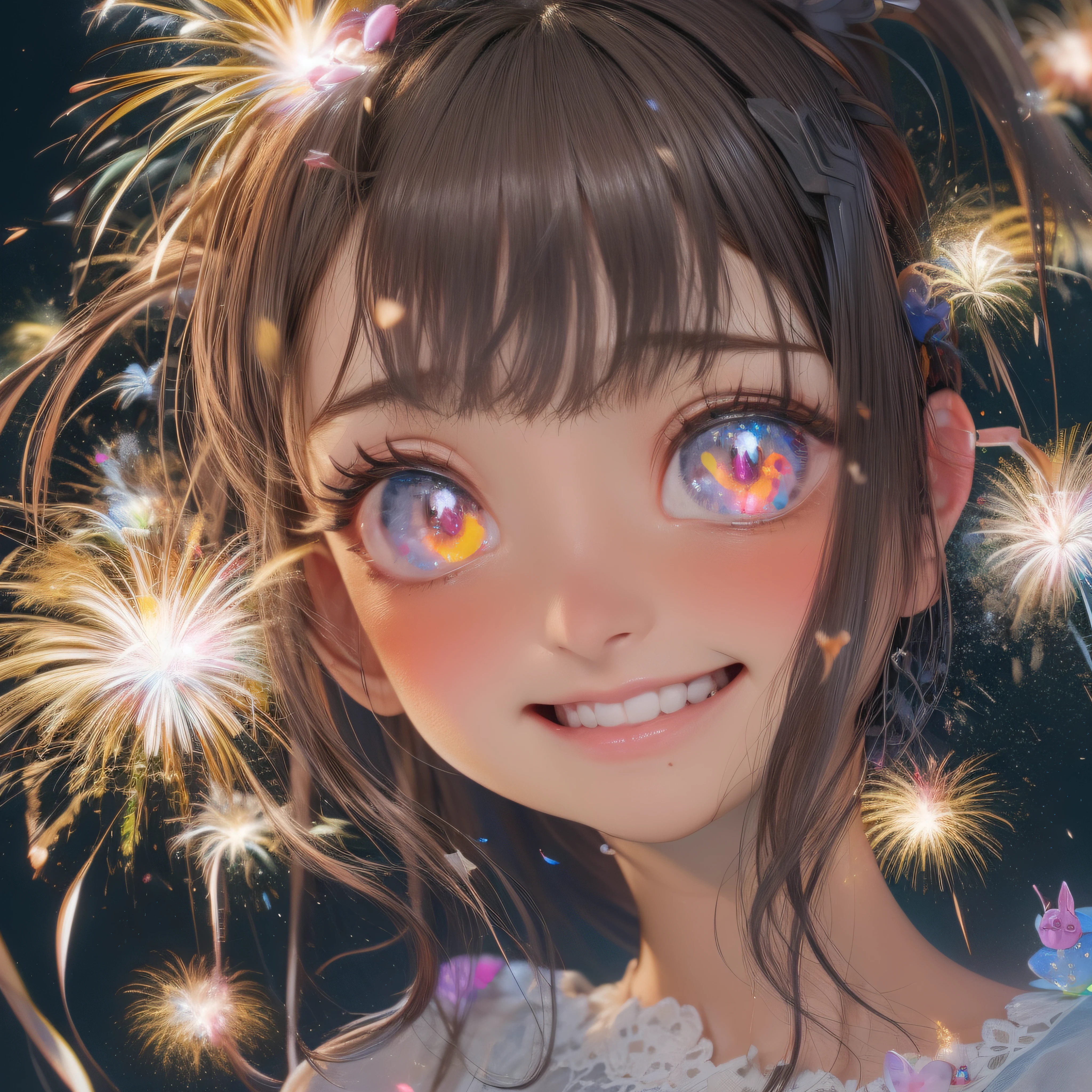 Brilliant fireworks、Brilliant fireworks、Close up of smiling looking up、close-up of the smile face、Japan Kazufuku、(realisitic、hight resolution)、(1 girl in)、Do-Up Eye、Korean Girl、(Best Quality), (masutepiece), (1girl in), Solo, a beauty girl, Perfect face, dreamlikeart、Highly detailed airbrush art((Surreal))、Volumetric lighting、(top-quality)、The ultra-detailliert、Highly detailed colorful details、(Bright lighting)、dynamic compositions、Ray traching、The mirror reflects light、Shallow depth of field、ultra-detailliert、mixing exposure、nffsw、Her eyes are pink and glow heart-shaped、Eyes are pink-heart-shaped。Brilliant fireworks on the background、Brilliant fireworks on the background、Brilliant fireworks on the background、
