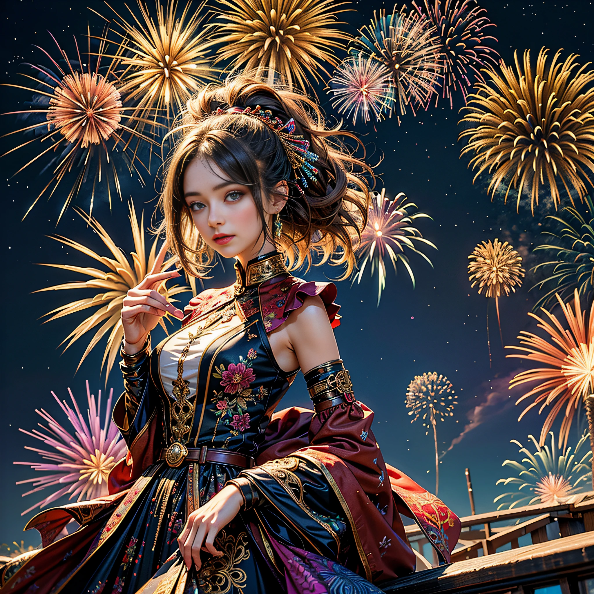 （tmasterpiece，top Quority，best qualtiy，offcial art，Beauty and aesthetics：1.2），（1girl），Extremely detailed，（s fractal art：1.3），extremely colorful，Most detailed，Fireworks explode in the sky , The fireworks are huge，Spectacular fireworks display.