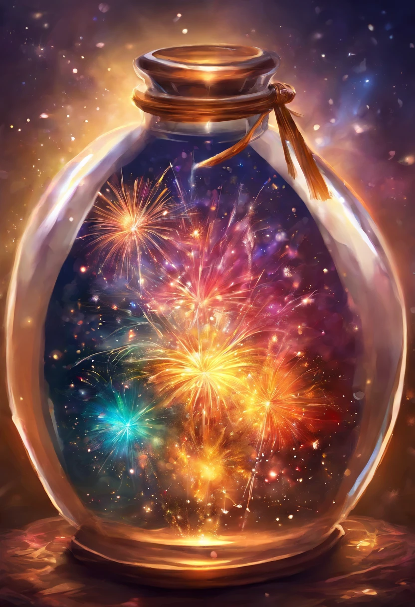 ((fireworks)), a glass vase with a firework inside of it, galaxy in a bottle, intricate sparkling atmosphere, magical particles, vial of stars, glass and lights, beautiful intricate glass bottle, new years eve, sparks and liquid fire, magic particles, glowing jar, magical potions, magic particles in the air, lightning in a bottle, sparkles in the air