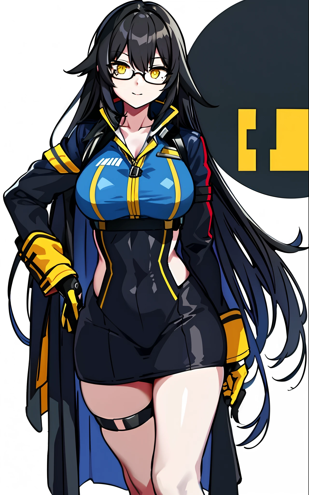 masterpiece,(bestquality),highlydetailed,ultra-detailed,{black hair} (long whitr hair)(Lateral hair)(Shawl hair)(hair straight)，(glasses),(Yellow eyes),fleshy feeling，fleshy legs,a woman in a uniform holding a gun and a camera, from girls frontline, yayoi kasuma, hints of yayoi kasuma, fine details. girls frontline, female protagonist 👀 :8, anya from spy x family, oppai cyberpunk, female protagonist, cyberpunk femme fatale, glamorous jill valentine, full body illustration, girls frontline style, girls frontline cg