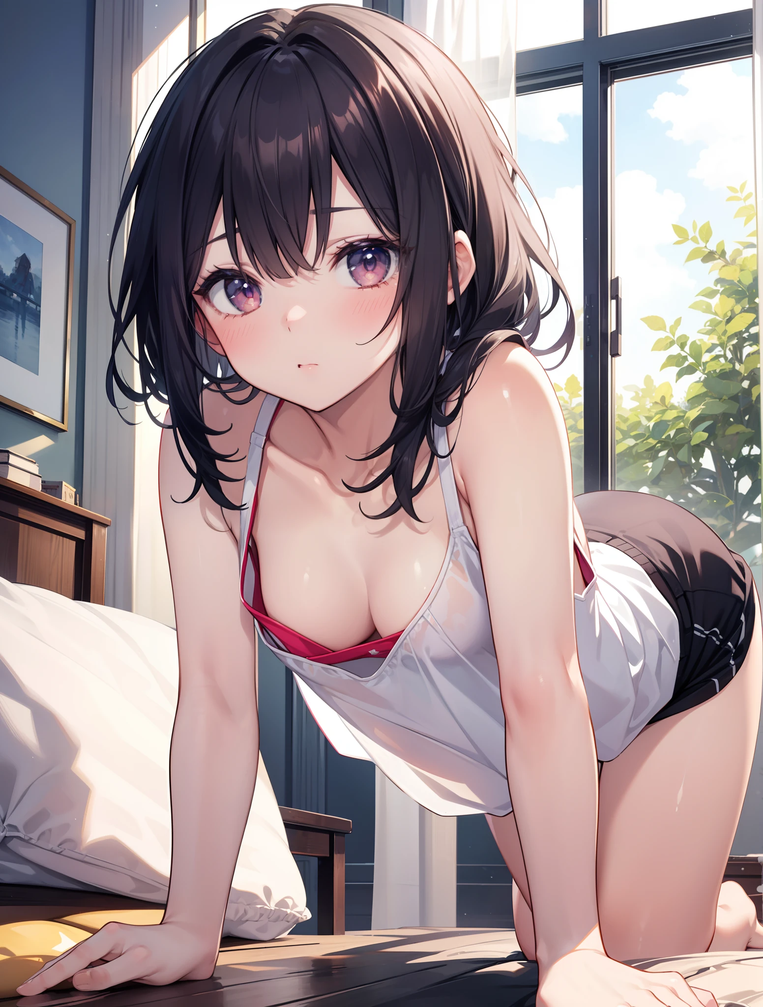 top-quality、masterpiece、1girl in、all-fours、to close range、red blush、Kamimei、Staring at this、Cute anime illustration、tank top, cleavage, small breasts, in the room, window, cute pose, beautiful pose,
