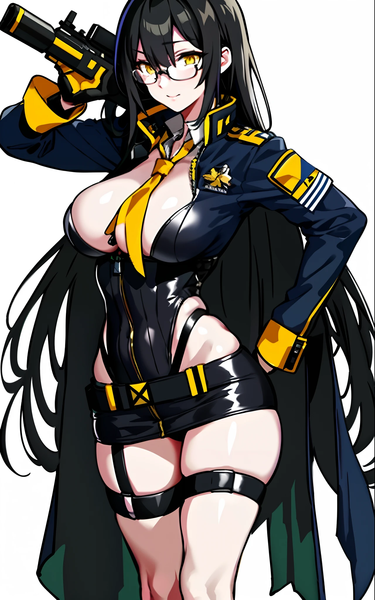 masterpiece,(bestquality),highlydetailed,ultra-detailed,{black hair} (long whitr hair)(Lateral hair)(Shawl hair)(hair straight),(glasses),(Yellow eyes),fleshy feeling,fleshy legs,a woman in a uniform holding a gun and a camera, from girls frontline, yayoi kasuma, hints of yayoi kasuma, fine details. girls frontline, female protagonist 👀 :8, anya from spy x family, oppai cyberpunk, female protagonist, cyberpunk femme fatale, glamorous jill valentine, full body illustration, girls frontline style, girls frontline cg