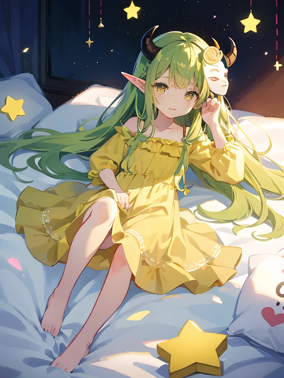 (masterpiece), top quality, super high resolution, cute facial features, flat design, yellow theme, one girl, light beige hair, indigo eyes, (sleepy eyes: 1.1), (cute yellow night dress), cute, one hand on face, bedtime, disheveled long hair, green hair, elf ears, full body, (simple dark background), giant stars shining in the dark, bedroom, with mask, with tomboy outfits , demon horns