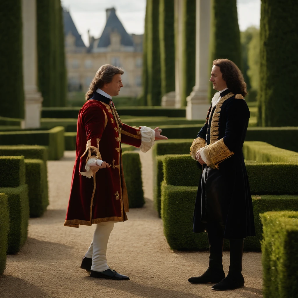 Generate an image of finance minister Fouquet personally guiding the young king louis xiv through the geometrically aligned gardens, emphasizing their intricate design.