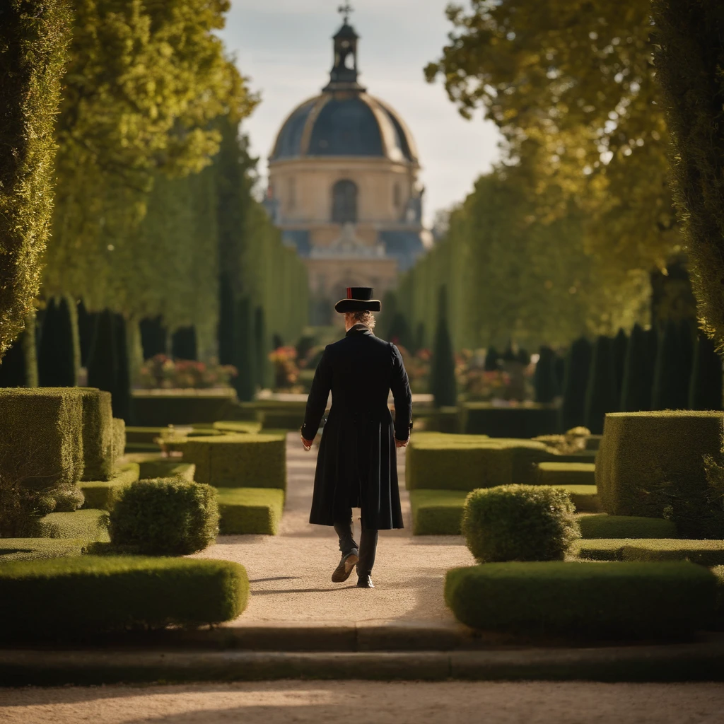 Generate an image of finance minister Fouquet personally guiding the young king louis xiv through the geometrically aligned gardens, emphasizing their intricate design.