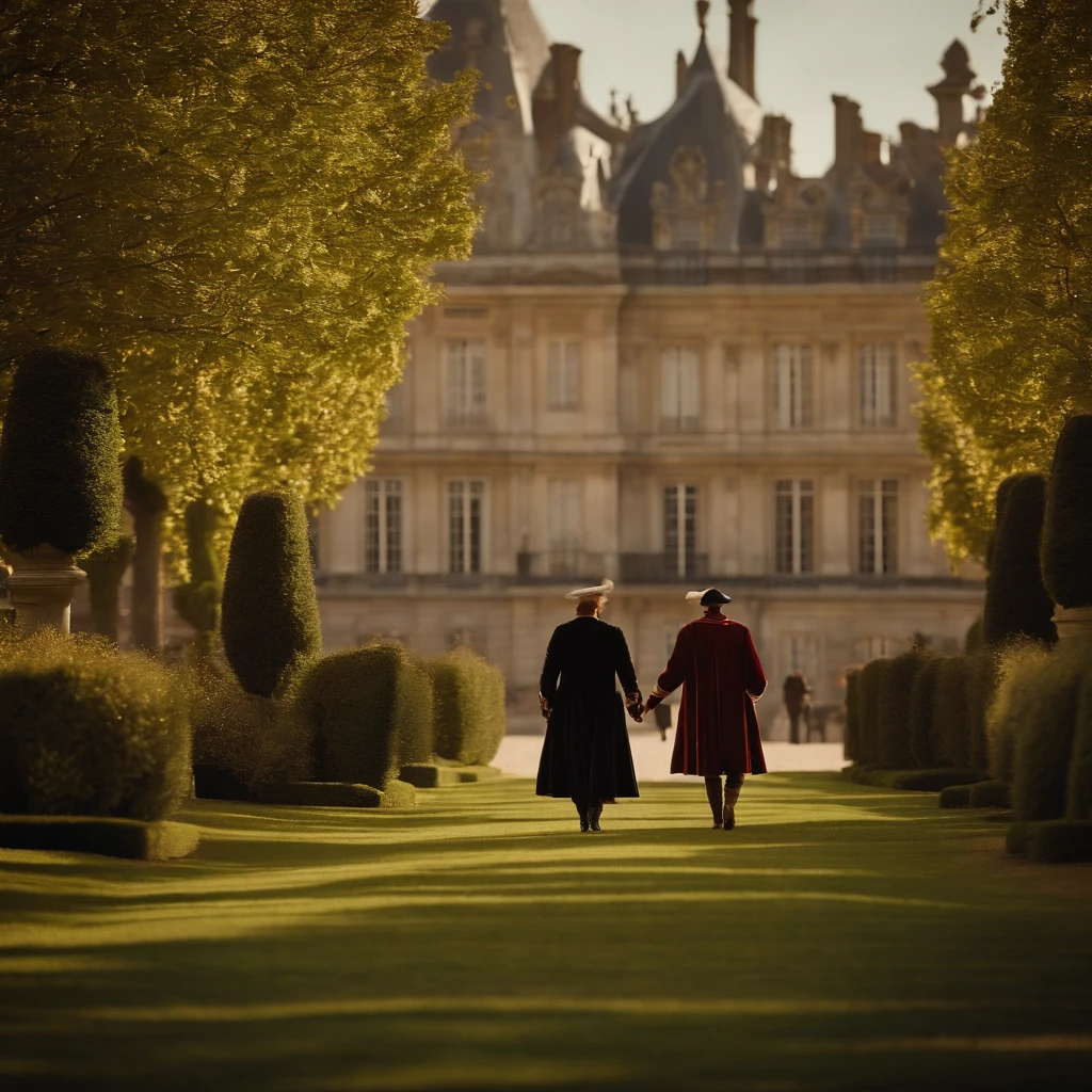 Generate an image of finance minister Fouquet personally guiding the young king louis xiv through the geometrically aligned gardens, emphasizing their intricate design.