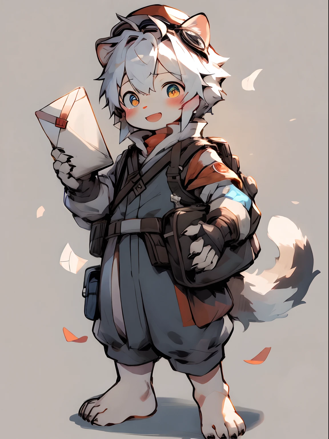 Shota，white color hair ，Furry boy, cub, clawed paws, Blue fur， adolable， standing on your feet， Master masterpieces， A high resolution，8K，detailedbackground，high high quality，Libido boy，（（（独奏））），(Give a letter，satchel，Postman's cap，correspondence，Protective goggles，The barefoot)，looking at viewert，Reach out and hand it to the audience，by Pino Daeni, canyne khai, milkytiger1145, Dagasi, Yupa，