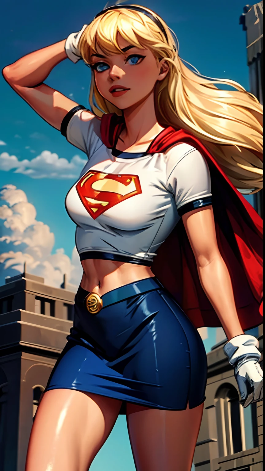 (cowboy shot), SFW, (masterpiece), (best quality: 1.0), (ultra highres: 1.0), detailed eyes,
BREAK
Supergirl, 1girl, long blonde hair, in the air, flying
hair band, \(white\) crop top, short sleeves, cape, blue pencil skirt, gloves, boots
BREAK
(clouds, city in ruins, seen after apocalyptic)