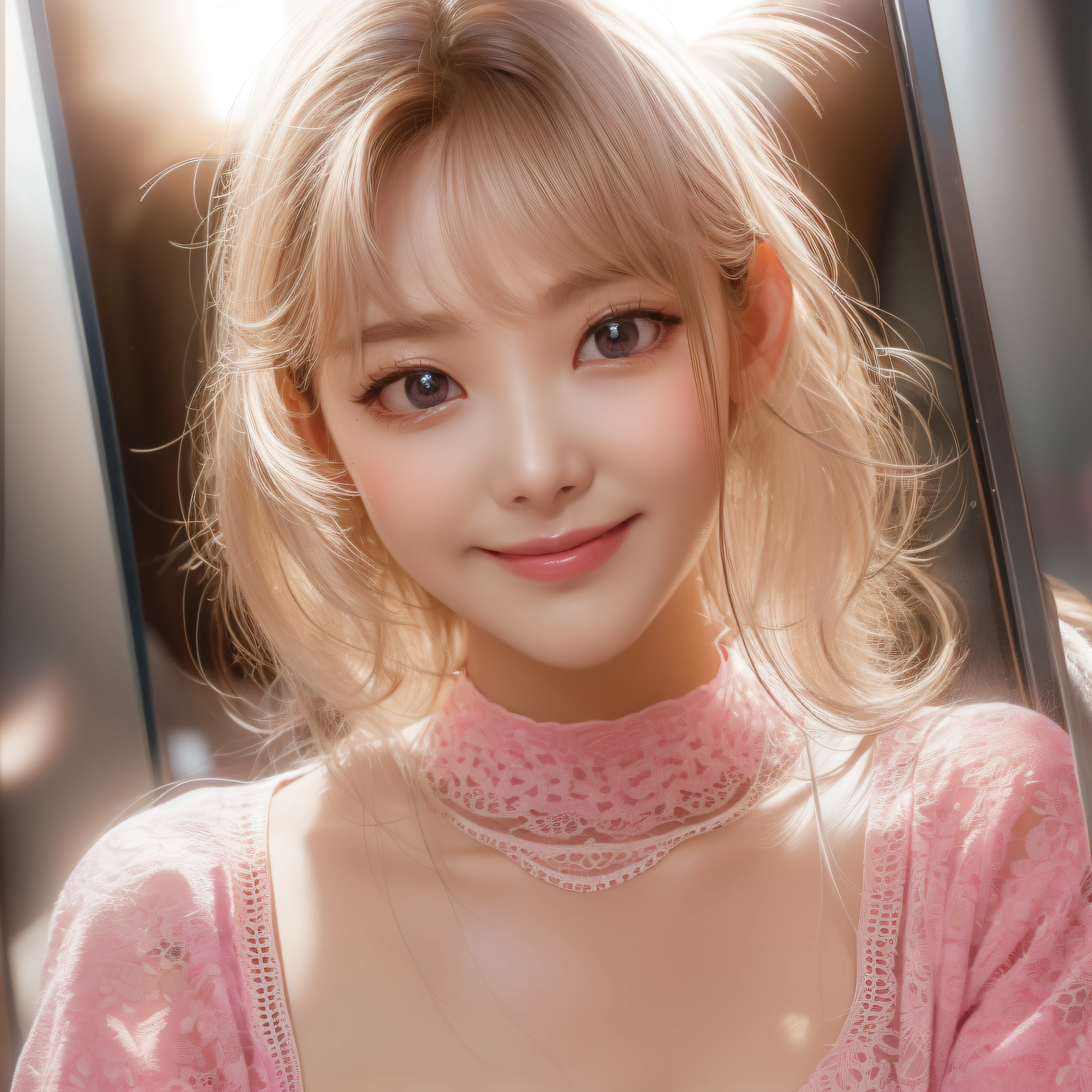 close-up of the smile face、close-up of the smile face、Tube Top、(realisitic、hight resolution)、(1 girl in)、Do-Up Eye、Korean Girl、(Best Quality), (masutepiece), (1girl in), Solo, a beauty girl, Perfect face, dreamlikeart、Highly detailed airbrush art((Surreal))、Volumetric lighting、(top-quality)、The ultra-detailliert、Highly detailed colorful details、(Bright lighting)、dynamic compositions、Ray traching、The mirror reflects light、Shallow depth of field、ultra-detailliert、mixing  exposure、nffsw、Her eyes are pink and glow heart-shaped、The eyes are pink-heart-shaped。Sunny sky on background、