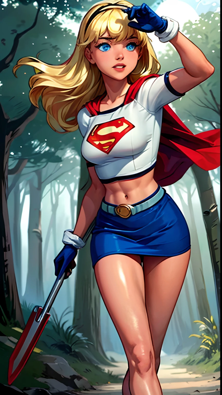 (cowboy shot), SFW, (masterpiece), (best quality: 1.0), (ultra highres: 1.0), detailed eyes,
BREAK
Supergirl, 1girl, long blonde hair, in the air, flying
Hair band, \(blue\) crop top, short sleeves, cape, red pencil skirt, gloves, boots
BREAK
(Morning sun, beautiful forest, stunning view)