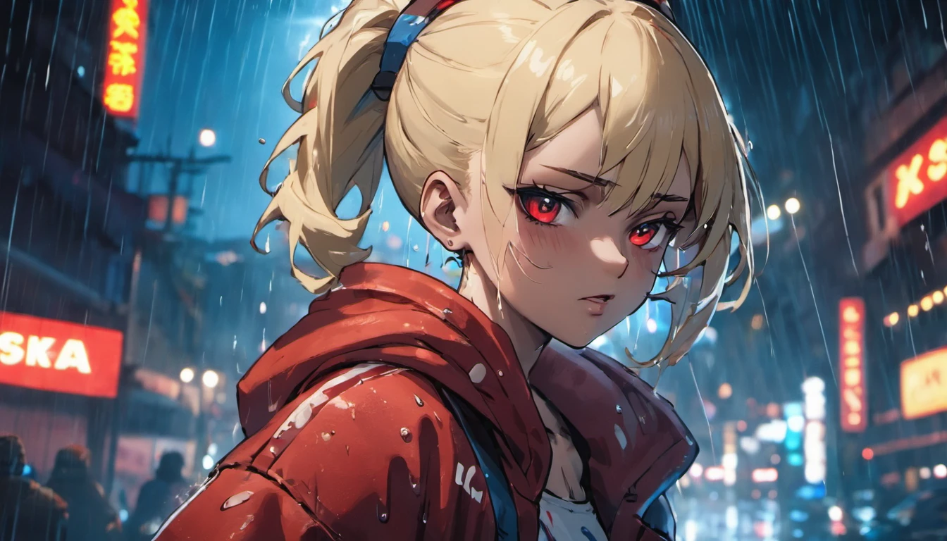 Closeup photograph, confident young cyberpunk woman with blonde and white hair in a bun, wearing a hoodie with red and blue designs on it, in a rain soaked street at night, photorealistic, cinematic lighting
