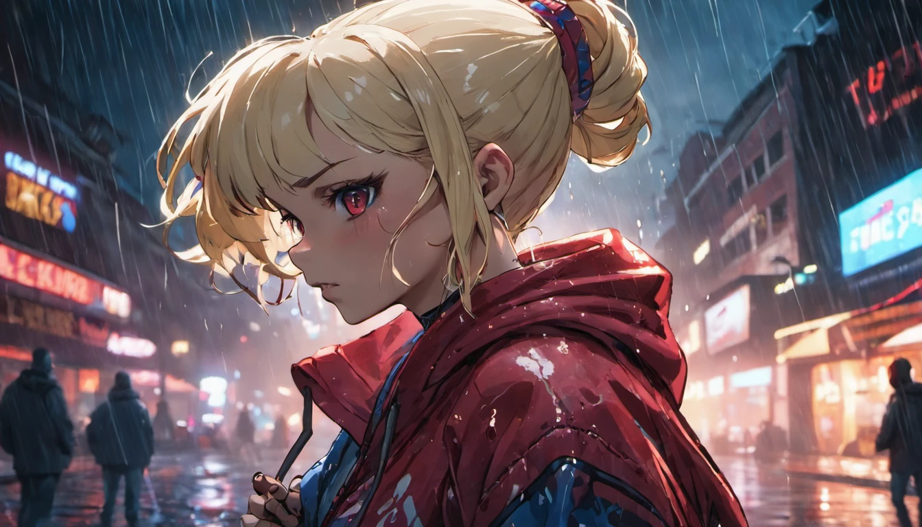 Closeup photograph, confident young cyberpunk woman with blonde and white hair in a bun, wearing a hoodie with red and blue designs on it, in a rain soaked street at night, photorealistic, cinematic lighting