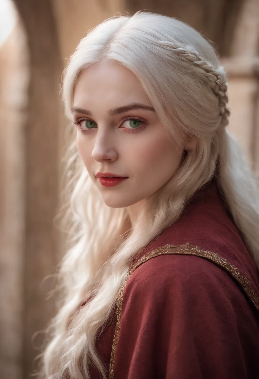 (((a deep reddish wound crosses her left cheek))) fair complexion, woman around 19 years old, natural white hair, distinctive green eyes, wearing kohl, slender and graceful, beautiful, candlelight in a medieval setting, ultra sharp focus, realistic shot, medieval female clothes, tetradic colors (scar:1.4)