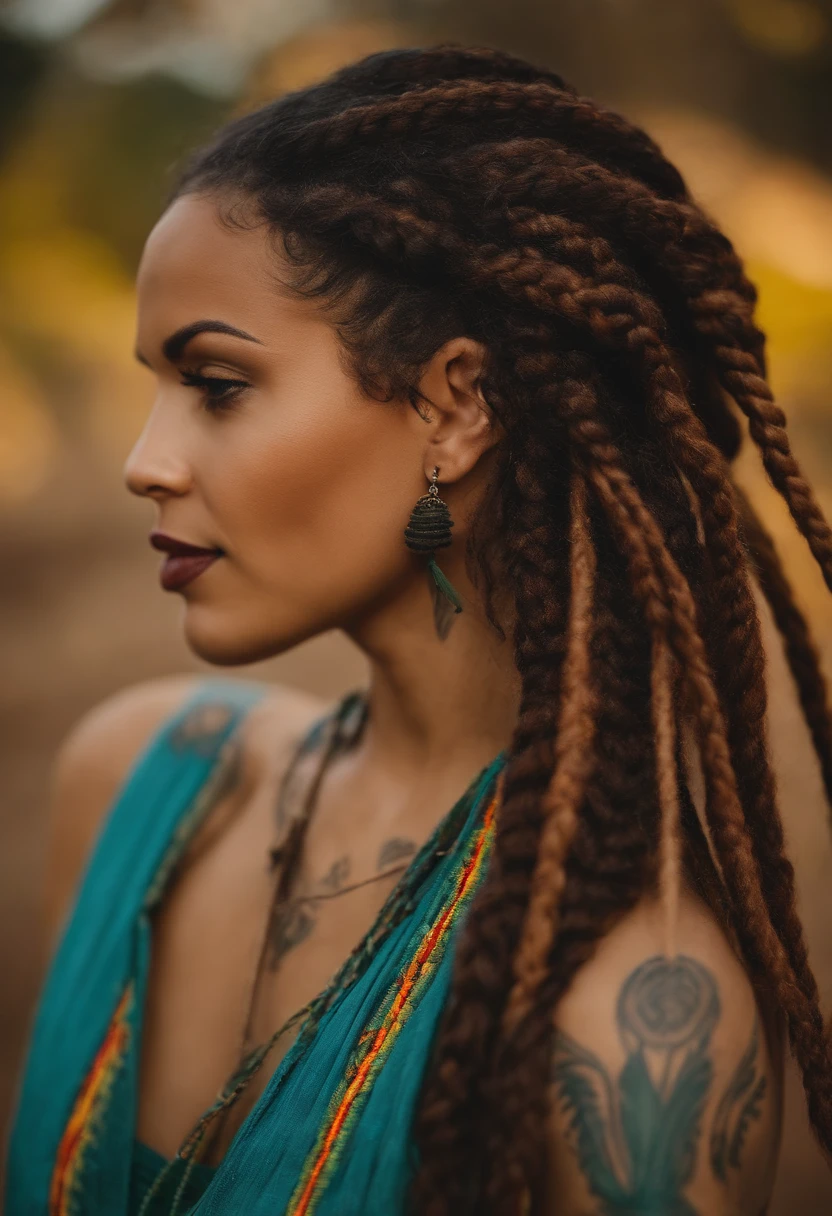 mulher branca com o rosto tatuado, with hair with Rastafarian braids, tatuagem no rosto