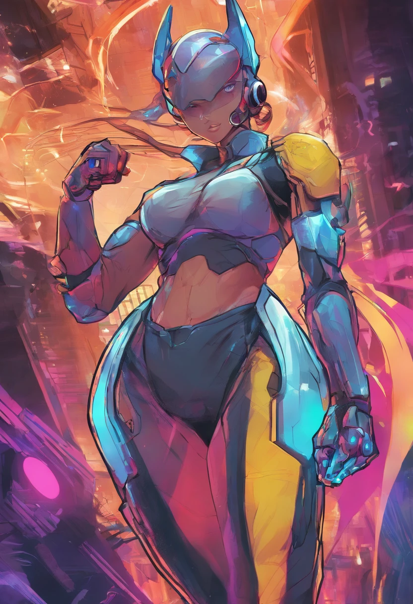 (female Protogen),cyberpunk,mechanical,glowing eyes,metallic surface,digital display,advanced technology,futuristic,neon lights,electromagnetic field,sharp edges,streamlined design,digital organism,biomechanical,mysterious atmosphere,glass visor,enhanced senses,energetic pose,invisible circuits,holographic projections,colorful wires,female cyborg