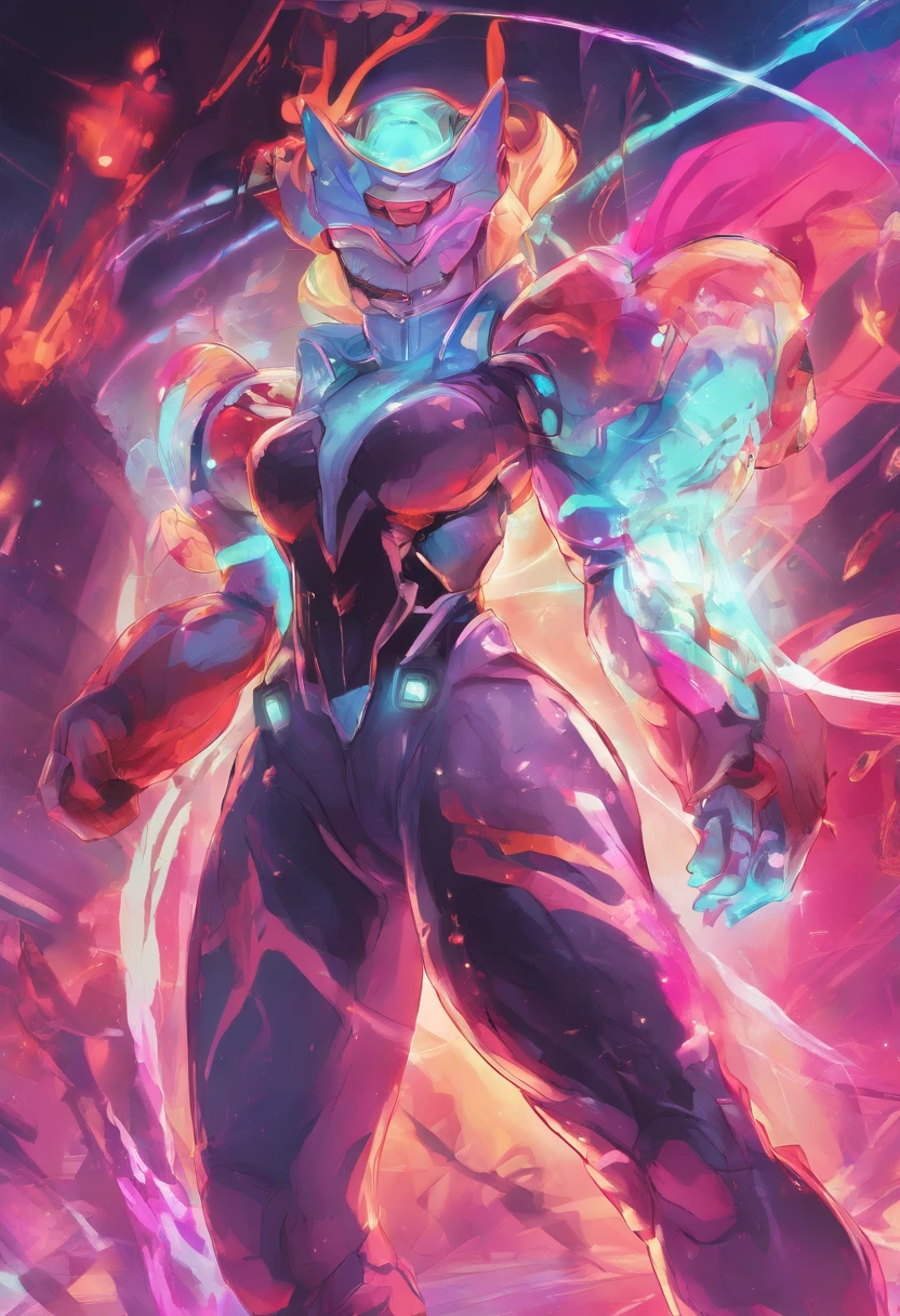 (female Protogen),cyberpunk,mechanical,glowing eyes,metallic surface,digital display,advanced technology,futuristic,neon lights,electromagnetic field,sharp edges,streamlined design,digital organism,biomechanical,mysterious atmosphere,glass visor,enhanced senses,energetic pose,invisible circuits,holographic projections,colorful wires,female cyborg