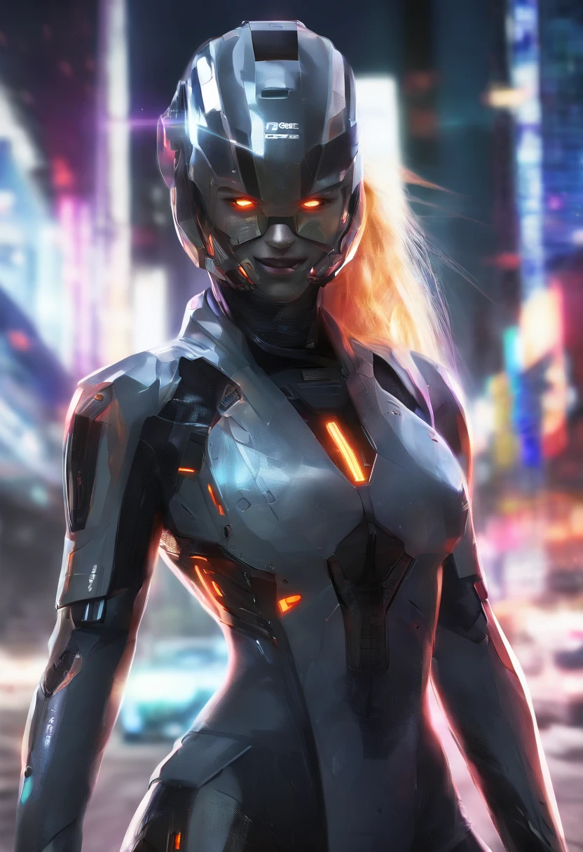 (female Protogen),cyberpunk,mechanical,glowing eyes,metallic surface,digital display,advanced technology,futuristic,neon lights,electromagnetic field,sharp edges,streamlined design,digital organism,biomechanical,mysterious atmosphere,glass visor,enhanced senses,energetic pose,invisible circuits,holographic projections,colorful wires,female cyborg
