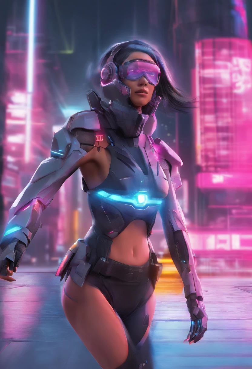 (female Protogen),cyberpunk,mechanical,glowing eyes,metallic surface,digital display,advanced technology,futuristic,neon lights,electromagnetic field,sharp edges,streamlined design,digital organism,biomechanical,mysterious atmosphere,glass visor,enhanced senses,energetic pose,invisible circuits,holographic projections,colorful wires,female cyborg