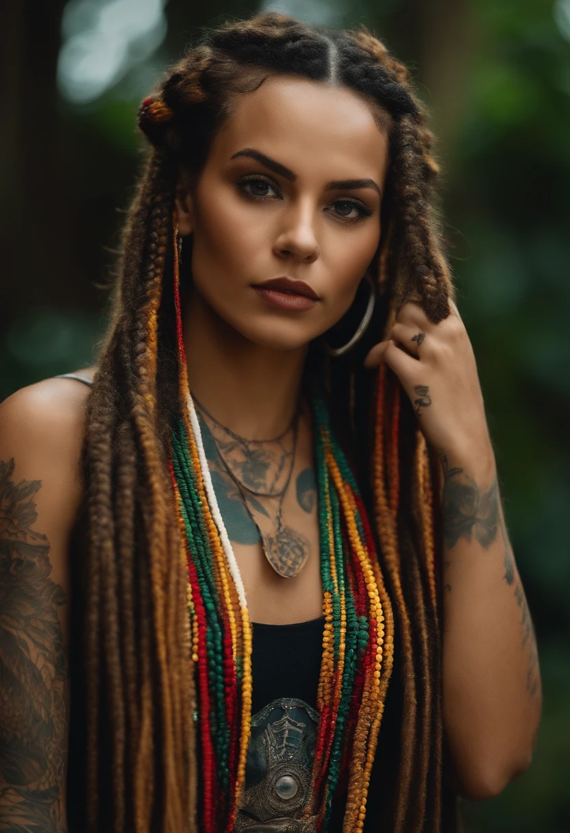 mulher branca com o rosto tatuado, with hair with Rastafarian braids, tatuagem no rosto