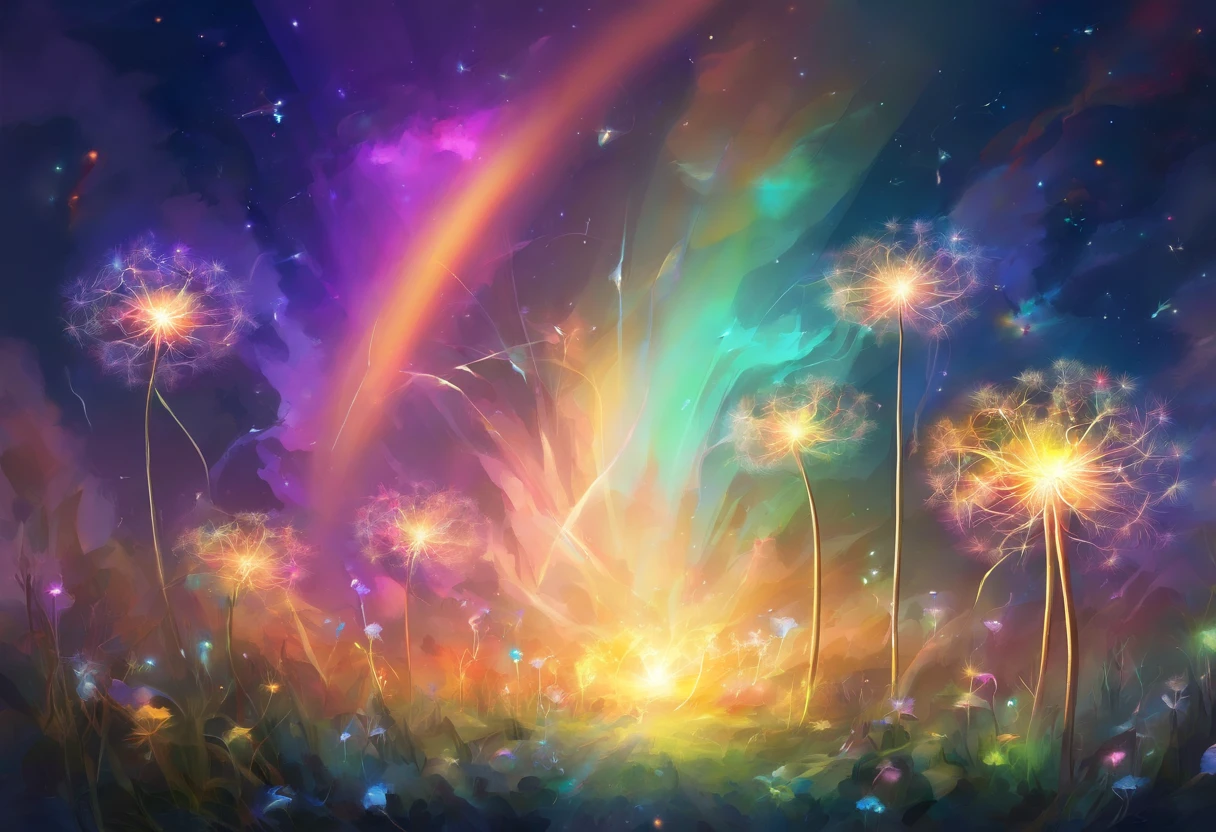 A night painting of an abstract ethereal semi - transparent irridecent dandelions rainbow lighting impressive skies