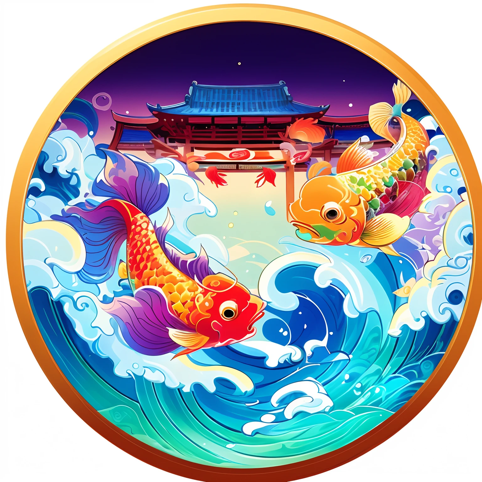 The circular picture shows two fish swimming in the water, A beautiful artwork illustration, full-colour illustration, Chinese style painting, moon light fish eye illustrator, Underwater temple with fish, Japanese style painting, Pisces, koi fishes, Stylized digital illustration, koi fishes, fishes swimming, Chinese fantasy, floating chinese lampoons, ( ( ( koi colors ) ) )
