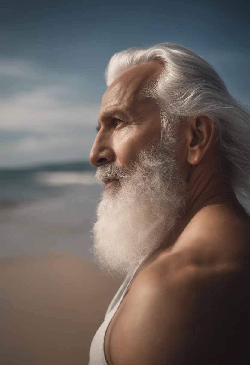 A sage, Resilient man with white hair and beard on beach tells a story .Miki Asai Fotografia, altamente detalhado, trending on ArtStation, foco nítido, Studio shot, detalhes intrincados, altamente detalhado, Directed by: Greg Rutkowski