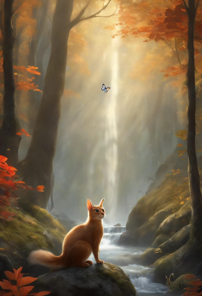 The black-striped gray cat and beige-furred rabbit facing challenges in the dense forest, like a gleaming waterfall and interacting with magical characters such as Olivia, the golden and bluish butterfly and the red squirrel. Highlight: The forest environment with natural details and the introduction of secondary characters.