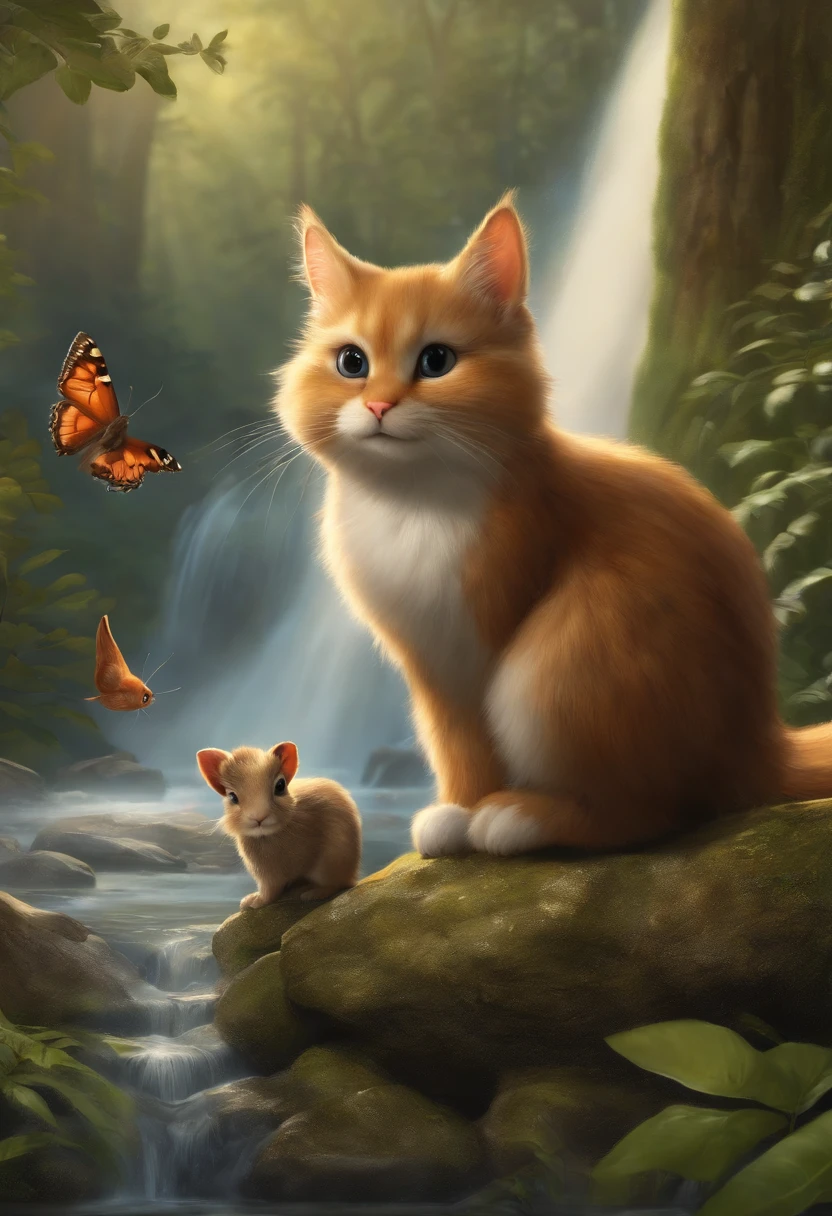 The black-striped gray cat and beige-furred rabbit facing challenges in the dense forest, like a gleaming waterfall and interacting with magical characters such as Olivia, the golden and bluish butterfly and the red squirrel. Highlight: The forest environment with natural details and the introduction of secondary characters.