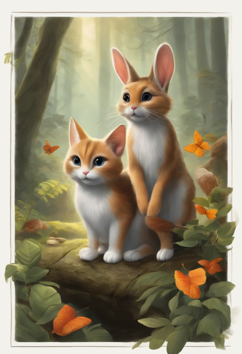 The black-striped gray cat and beige-furred rabbit facing challenges in the dense forest, like a gleaming waterfall and interacting with magical characters such as Olivia, the golden and bluish butterfly and the red squirrel. Highlight: The forest environment with natural details and the introduction of secondary characters.