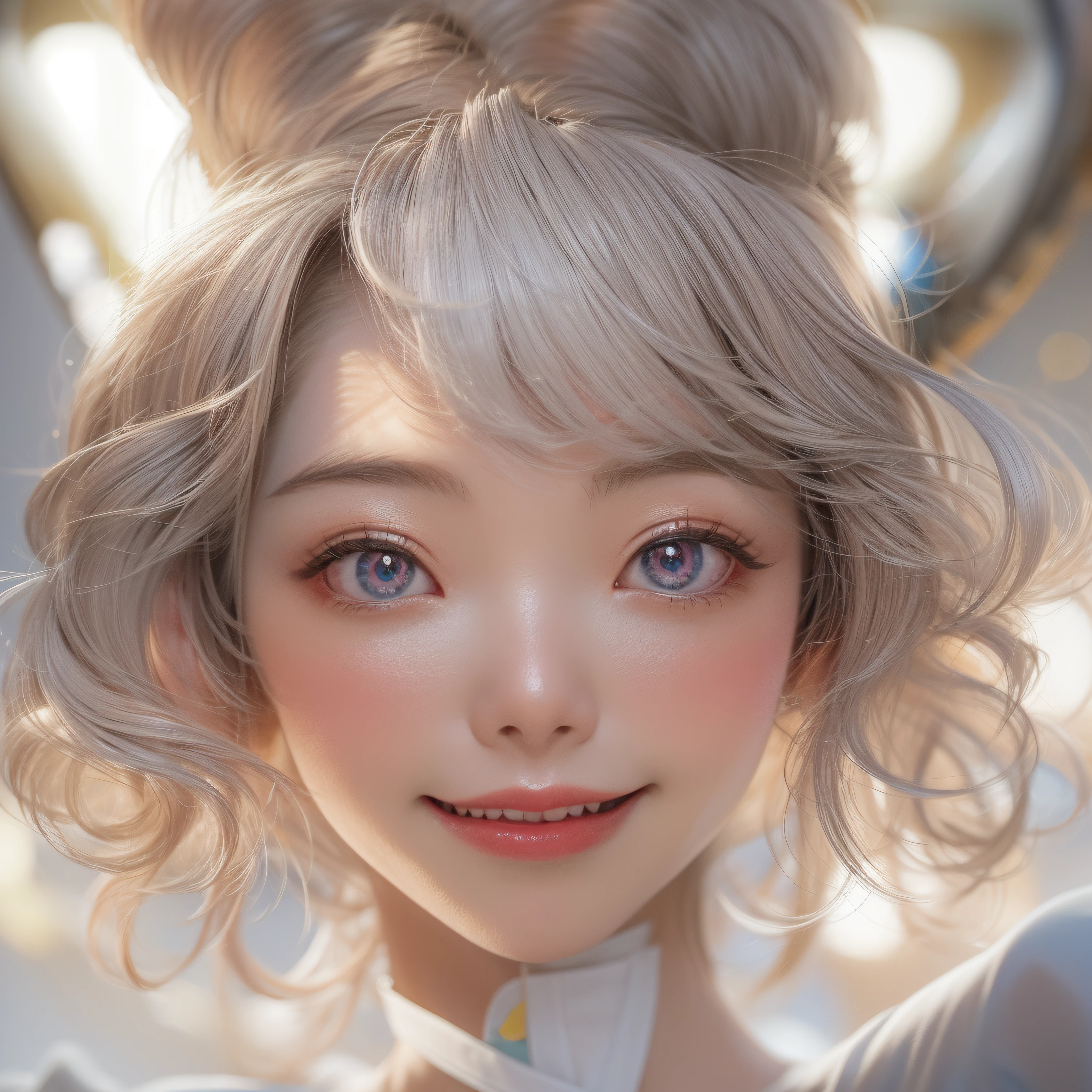 close-up of the smile face、close-up of the smile face、Tube Top、(realisitic、hight resolution)、(1 girl in)、Do-Up Eye、Korean Girl、(Best Quality), (masutepiece), (1girl in), Solo, a beauty girl, Perfect face, dreamlikeart、Highly detailed airbrush art((Surreal))、Volumetric lighting、(top-quality)、The ultra-detailliert、Highly detailed colorful details、(Bright lighting)、dynamic compositions、Ray traching、The mirror reflects light、Shallow depth of field、ultra-detailliert、mixing exposure、nffsw、Her eyes are pink and glow heart-shaped、Eyes are pink-heart-shaped。Sunny sky on background、