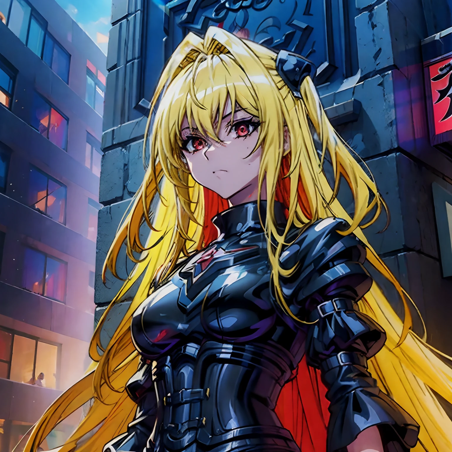 Yami the Golden Darkness as an adult, wearing satin black battle dress with silver accents, staring at another person, messy long yellow hair, cute red eyes, amazing beauty and incredible presence, dynamic pose, delicate face, beautiful red eyes, confident facial expression, 8k high detail, very detailed, anatomically correct, digital painting, concept art, Akira Toriyama art style, clear picture, city, full-body portrait, masterpiece, super fine drawing, best quality, 8K super high resolution, 2D anime, beautiful SFW