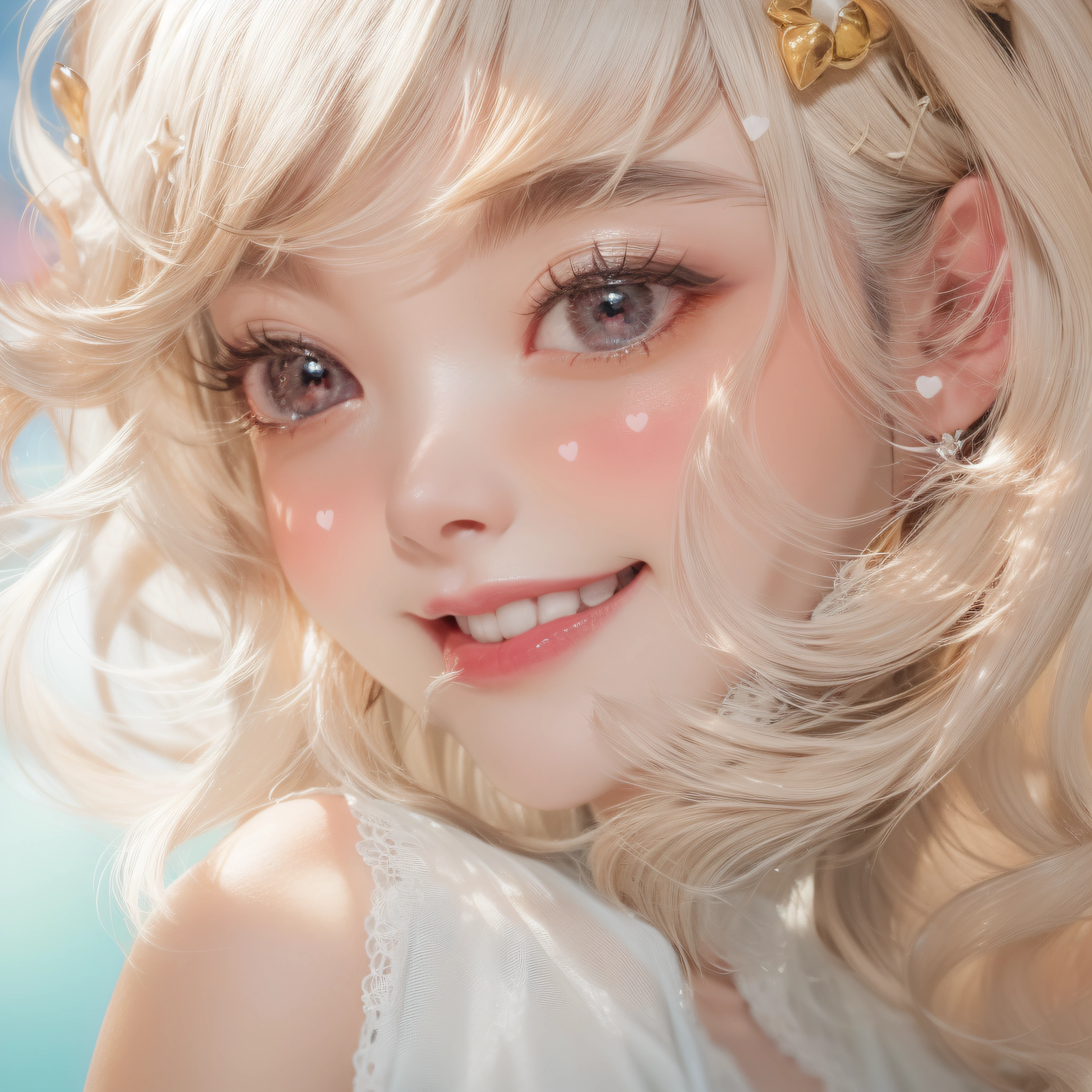 close-up of the smile face、close-up of the smile face、Tube Top、(realisitic、hight resolution)、(1 girl in)、Do-Up Eye、Korean Girl、(Best Quality), (masutepiece), (1girl in), Solo, a beauty girl, Perfect face, dreamlikeart、Highly detailed airbrush art((Surreal))、Volumetric lighting、(top-quality)、The ultra-detailliert、Highly detailed colorful details、(Bright lighting)、dynamic compositions、Ray traching、The mirror reflects light、Shallow depth of field、ultra-detailliert、mixing exposure、nffsw、Her eyes are pink and glow heart-shaped、Eyes are pink-heart-shaped。Sunny sky on background、