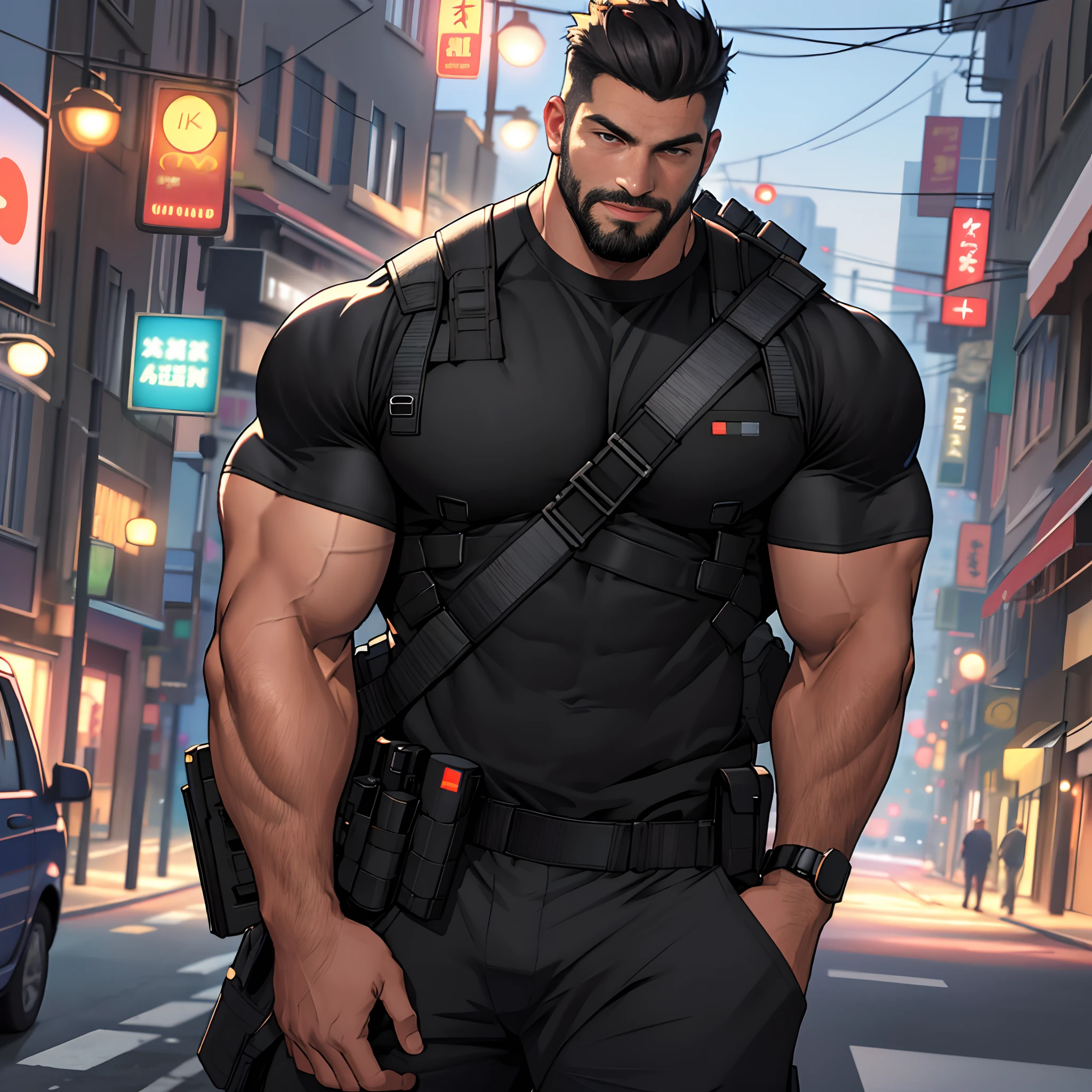 Best quality, masterpiece, super high resolution, detailed background, realistic, illustration, single, 1 boy, muscle man, beard, swat, street, muscular, facial hair, volumetric lighting, depth of field,black clothes