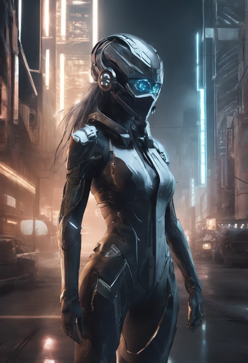 (female Protogen),cyberpunk,mechanical,glowing eyes,metallic surface,digital display,advanced technology,futuristic,neon lights,electromagnetic field,sharp edges,streamlined design,digital organism,biomechanical,mysterious atmosphere,glass visor,enhanced senses,energetic pose,invisible circuits,holographic projections,colorful wires,female cyborg