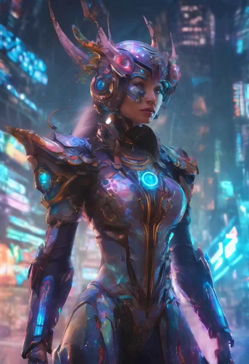 (female Protogen),cyberpunk,mechanical,glowing eyes,metallic surface,digital display,advanced technology,futuristic,neon lights,electromagnetic field,sharp edges,streamlined design,digital organism,biomechanical,mysterious atmosphere,glass visor,enhanced senses,energetic pose,invisible circuits,holographic projections,colorful wires,female cyborg
