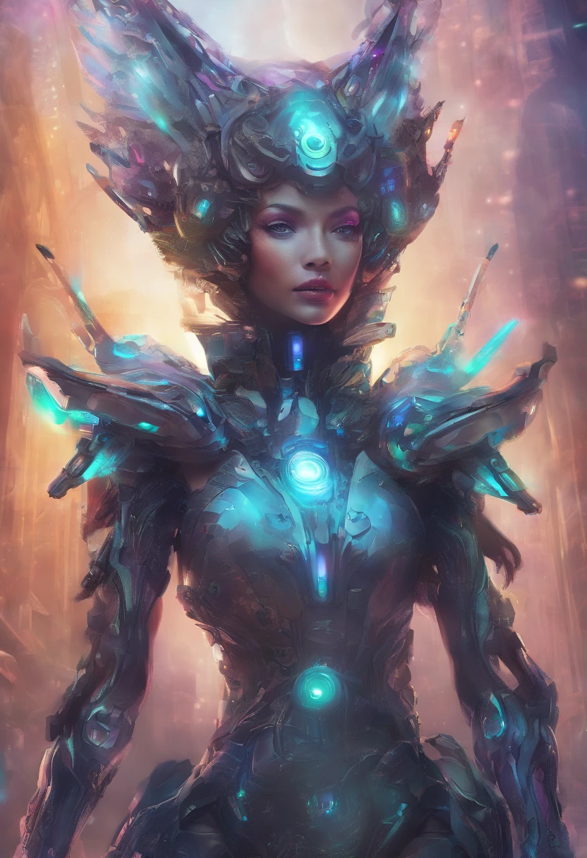 (female Protogen),cyberpunk,mechanical,glowing eyes,metallic surface,digital display,advanced technology,futuristic,neon lights,electromagnetic field,sharp edges,streamlined design,digital organism,biomechanical,mysterious atmosphere,glass visor,enhanced senses,energetic pose,invisible circuits,holographic projections,colorful wires,female cyborg