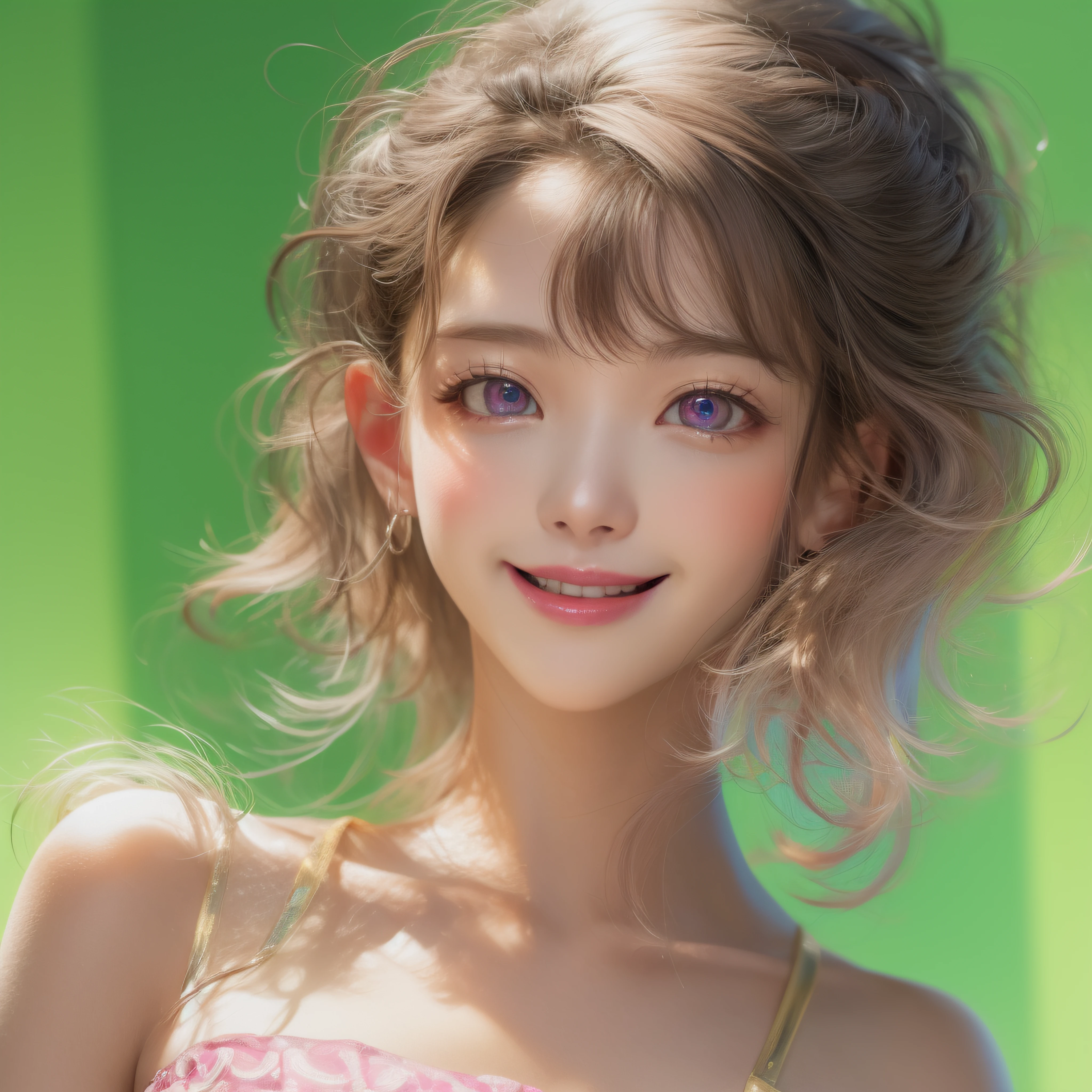 close-up of the smile face、close-up of the smile face、Tube Top、(realisitic、hight resolution)、(1 girl in)、Do-Up Eye、Korean Girl、(Best Quality), (masutepiece), (1girl in), Solo, a beauty girl, Perfect face, dreamlikeart、Highly detailed airbrush art((Surreal))、Volumetric lighting、(top-quality)、The ultra-detailliert、Highly detailed colorful details、(Bright lighting)、dynamic compositions、Ray traching、The mirror reflects light、Shallow depth of field、ultra-detailliert、mixing exposure、nffsw、Her eyes are glowing pink、Eyes are pink。Tank Tops