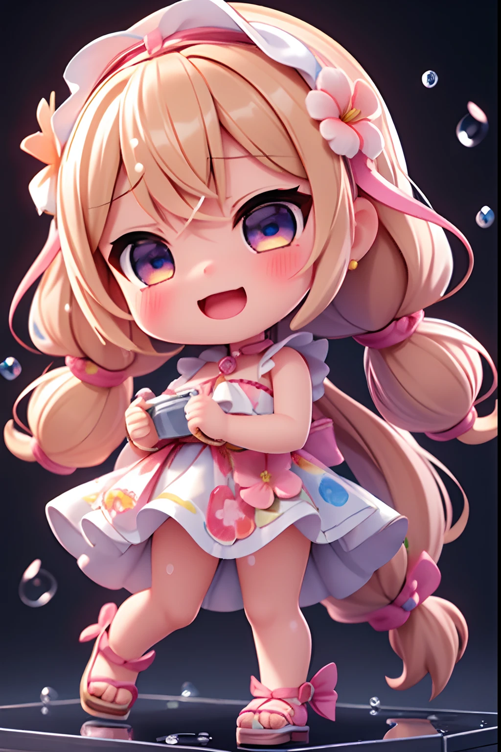 photoRealstic、Doll standing in front of the painting(nendroid)、Water droplets on the cheeks、Happy singing face、Sengai、pixiv、rokoko、dollfie dream、watercolor Nendoroid、(High Definition Figure)、Flowing iridescent silk、up of face、Eye Up、Bikini swimwear(with floral pattern)、There are also flowers in front of the nendroids、flower petals、water dripping、Shot through a glass full of water droplets.、season!!: 夏天☀ 🍂