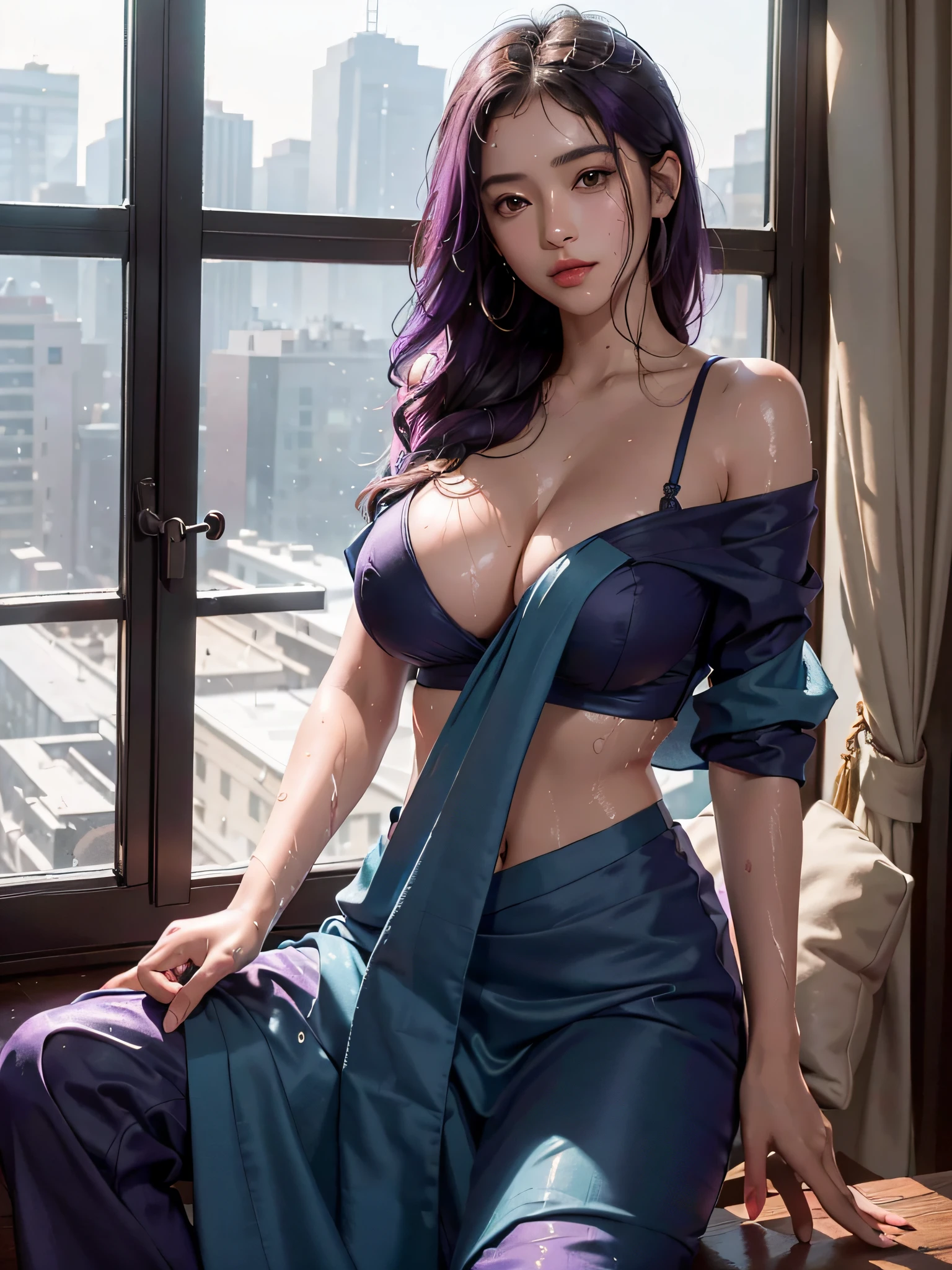 8k、RAW Photos、top-quality、masterpiece:1.2)、(realisitic、Photorealsitic:1.37)、1girl in、japanese、25-years old、female、(deep in the night)、Sunlight、a room,Day cityscape seen fron the window、Studio Lighting、face lights、photon maping、Radio City、Purple hair、Detailed face、Detailed lips、detailedeyes、More skin、Double eyelids、(huge round tit:1.3)、(Sari and blouse,nepal)、(Sari)、(Wearing Sari)、(((no brassiere)))、Exposed cleavage、exposed shoulder、Thigh exposure、(cammel toe)、perfectbody、shinny skin、(Body wet with sweat:1.2)、smirking face、((Sit up))、cowboy shot、Make eye contact with the camera,background camera lens blur,depth of field,35 m