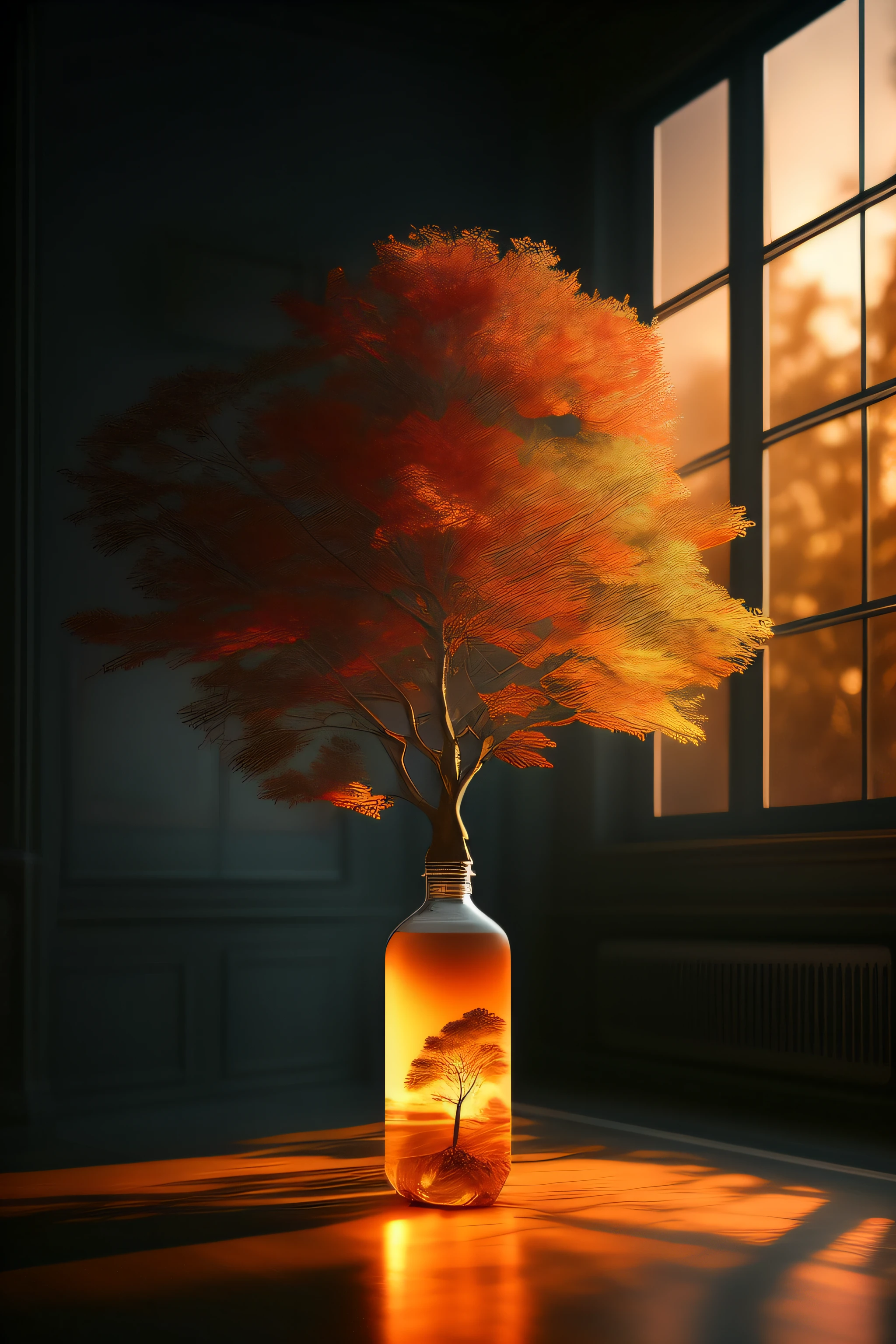 A dreamy tree of art in a bottle, fluffy, realistic, photographs, Canon, dreamy, artistic, brilliant leaves and branches, with flowers above my head. Greg Rutkowski's Ultra Detailed Photo Realism - H1024W 804 | F16 Lens Markers 2:2S 3555mm Film Particles: 1 Lifelike High Resolution Sharp Focus Contrast!! Intricate and detailed atmospheric refractive lighting of Unreal Engine 5 movie concept photography masterpiece Octane renders trends on CGSociety