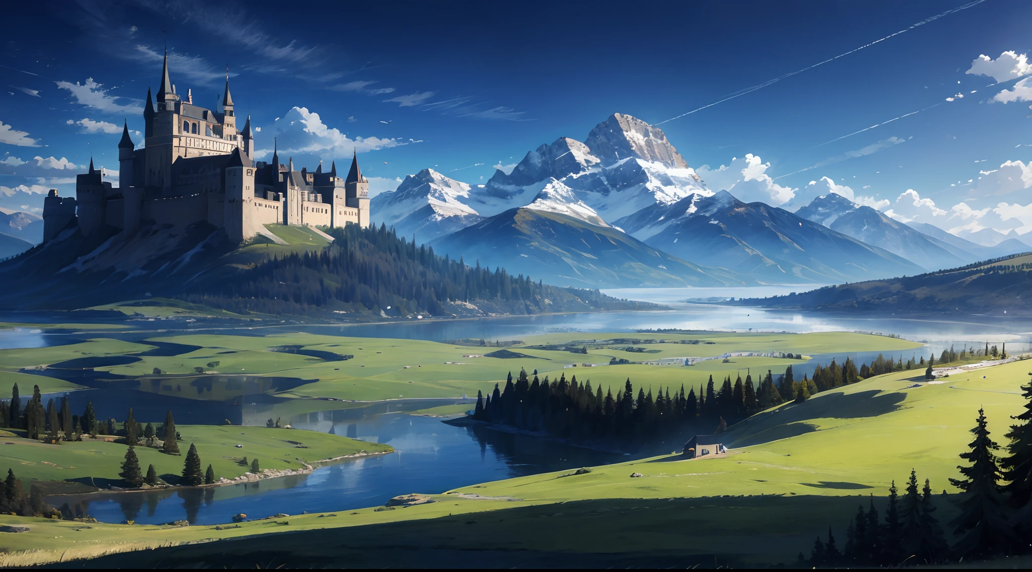 A huge castle in a prairie with mountains and waters
