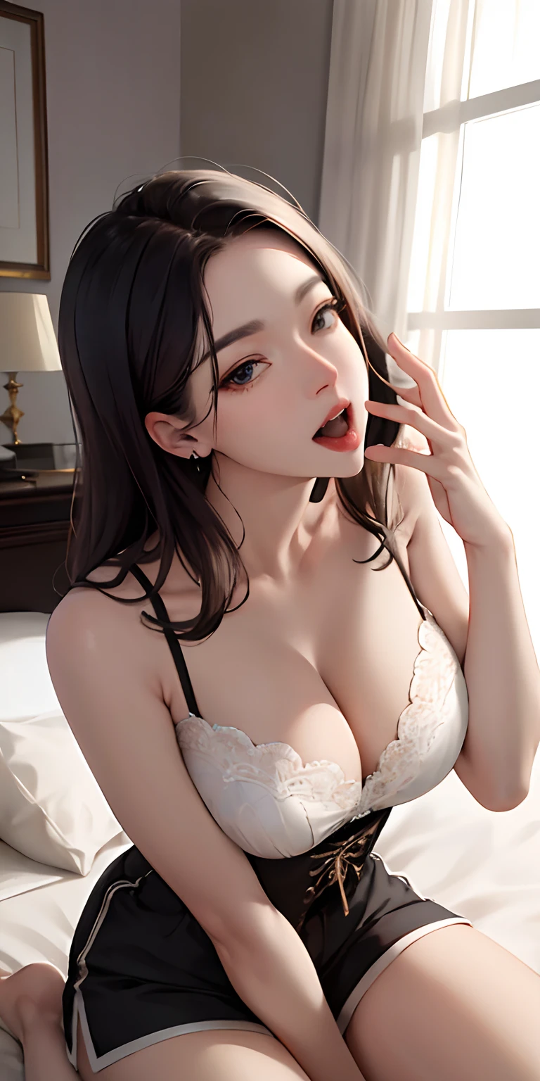 (masuter piece:1.2、top-quality)、(Real Photographics、intricate-detail)、Face Real、sexly.Large zoom on the chest、Real adult women、selfee、sit on a bed、Look up from below and look at us、Wearing shorts、Emphasis on cleavage、Chest close-up zoom、big yawning