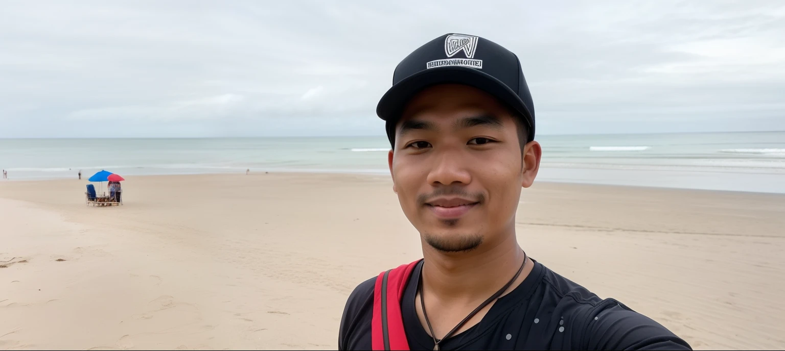 there is a man that is standing on the beach with a hat, thawan duchanee, at a beach, 2 7 years old, 8k selfie photograph, the ocean in the background, 2 8 years old, 3 2 years old, photo taken in 2 0 2 0, 2 9 years old, (38 years old), standing at the beach