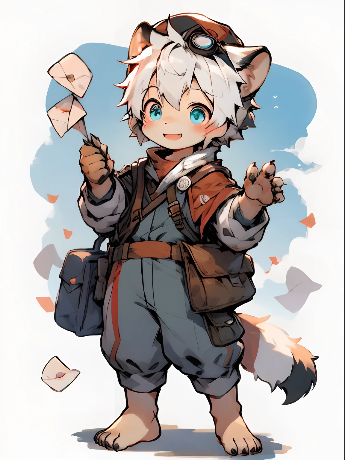 male people，Shota，White color hair ，Furry boy, cub, clawed paws, Blue fur， adolable， standing on your feet， Master masterpieces， A high resolution，8K，detailedbackground，high high quality，Libido boy，（（（独奏））），(Give a letter，satchel，Postman's cap，correspondence，Protective goggles，The barefoot)，looking at viewert，Reach out and hand it to the audience，by Pino Daeni, canyne khai, milkytiger1145, Dagasi, Yupa，