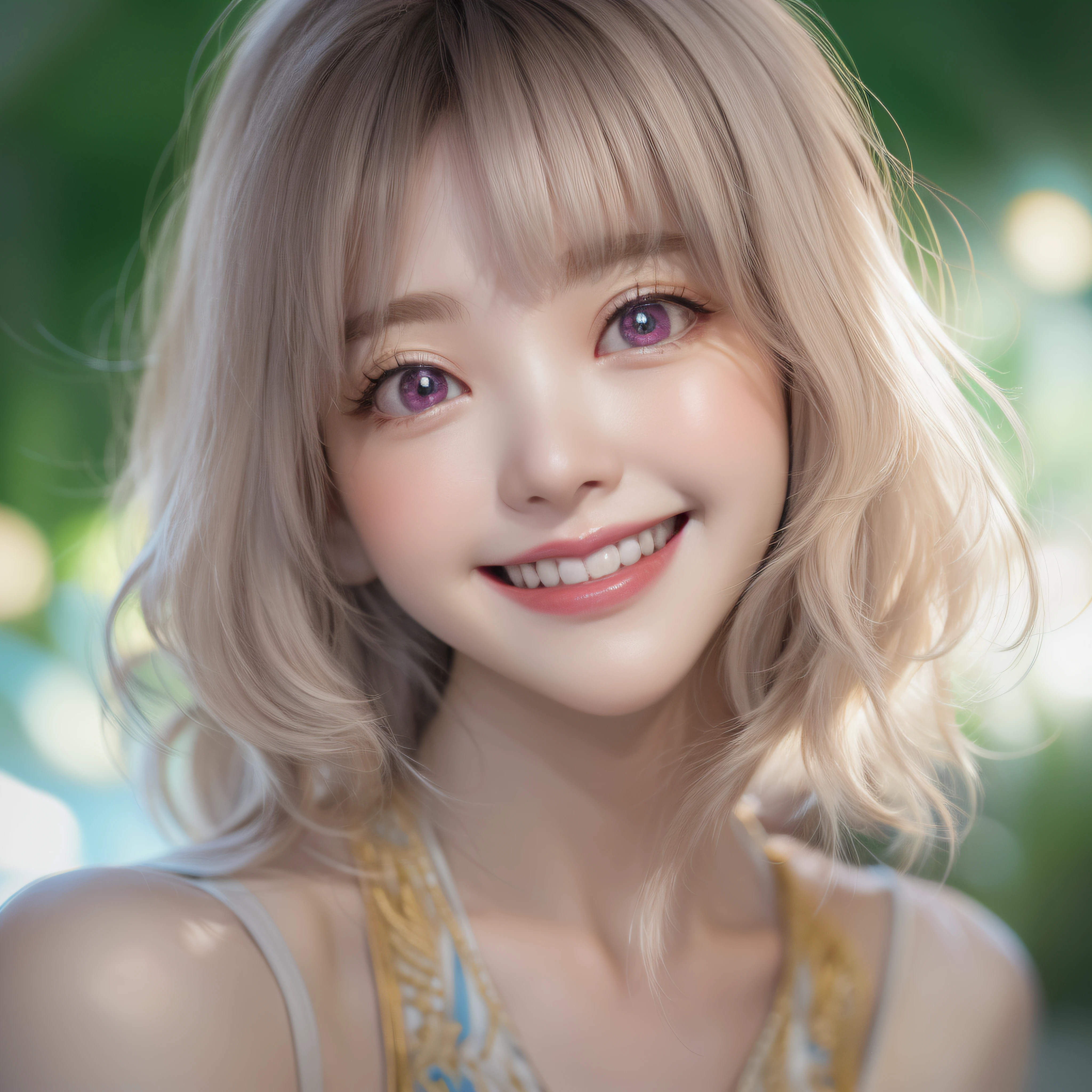 close-up of the smile face、close-up of the smile face、Designer、(realisitic、hight resolution)、(1 girl in)、Do-Up Eye、Korean Girl、(Best Quality), (masutepiece), (1girl in), Solo, a beauty girl, Perfect face, dreamlikeart、Highly detailed airbrush art((Surreal))、Volumetric lighting、(top-quality)、The ultra-detailliert、Highly detailed colorful details、(Bright lighting)、dynamic compositions、Ray traching、The mirror reflects light、Shallow depth of field、ultra-detailliert、mixing  exposure、nffsw、Her eyes are glowing pink、Eyes are pink。Tank Tops