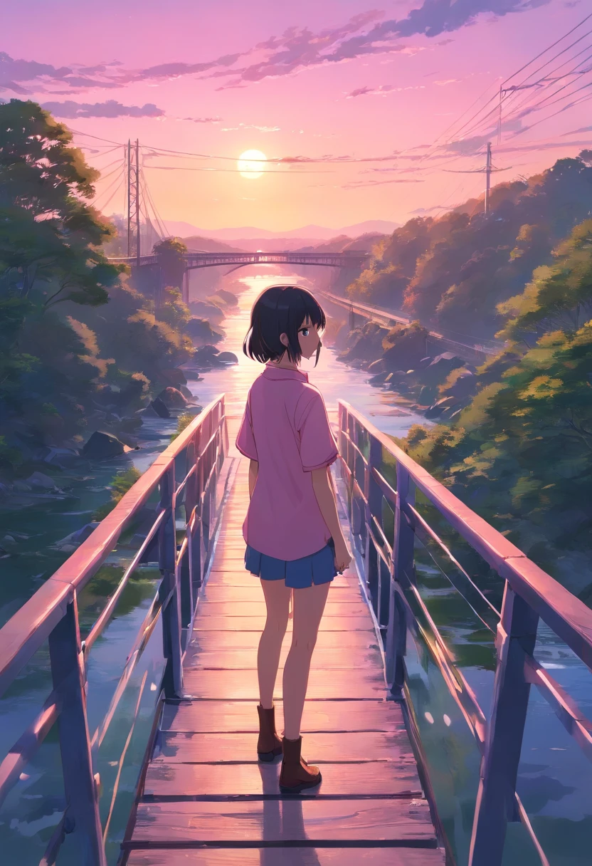 A beautiful girl standing on a bridge, pink sky, country side, river flowing below the bridge